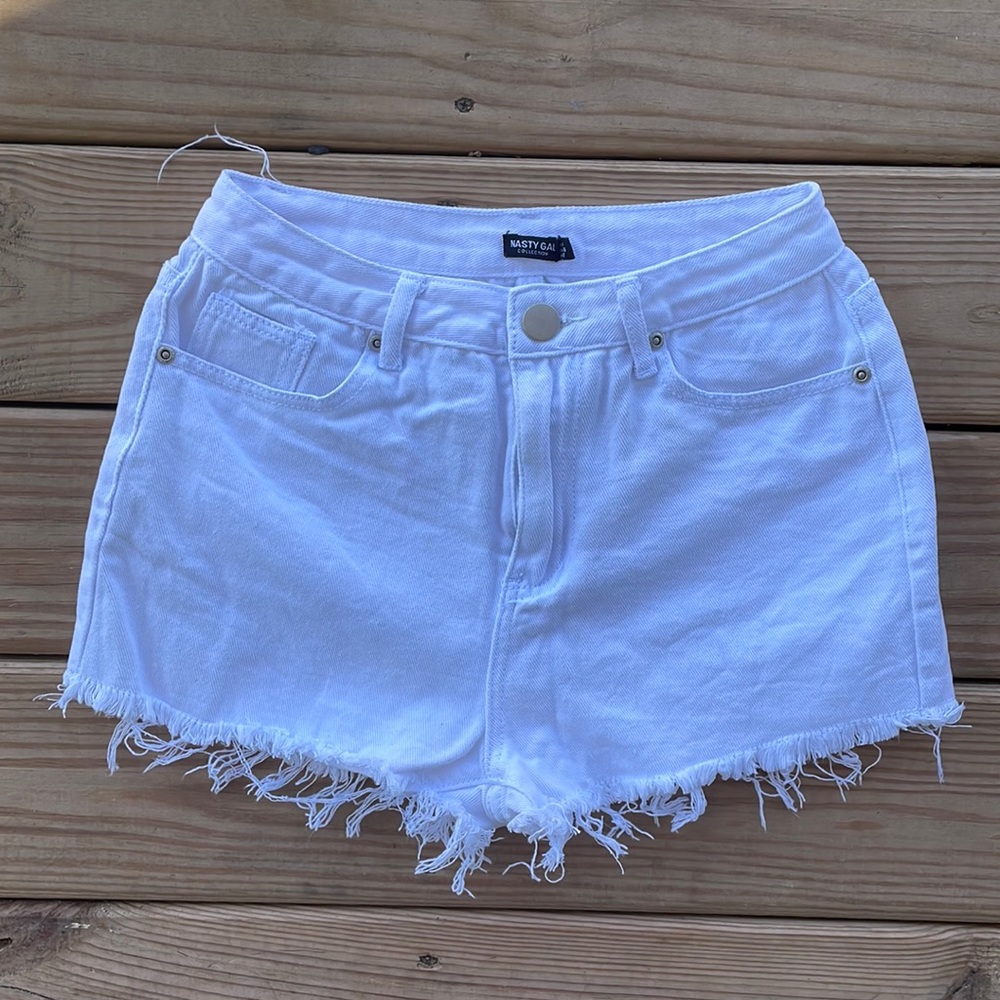 Nasty Gal White High-Rise Frayed Hem Jean Shorts